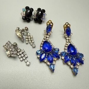 Vintage Clip On‎ Earring Lot of 3 Blue White Rhinestone & Black Bead Cocktail